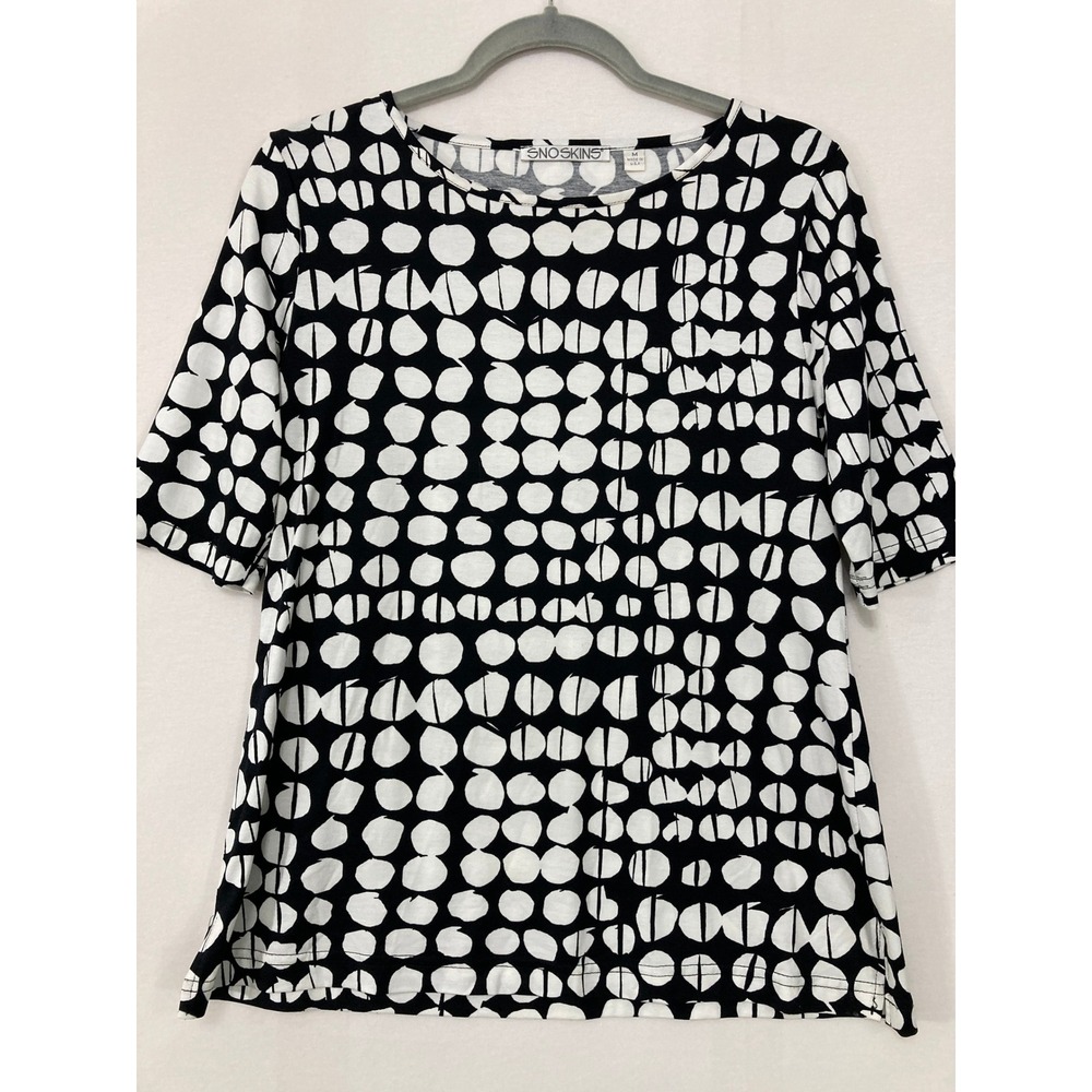 Snoskins Top Medium Black White‎ Polka Dot Short Sleeve Geometric Stretch Knit